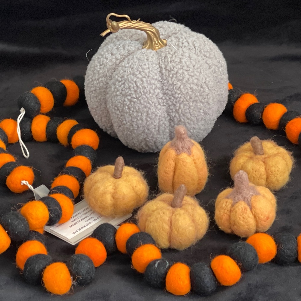 Fall Bundle: Grey "wooly" Pumpkin,5 small felted Gourds, B/W Felted Garland.